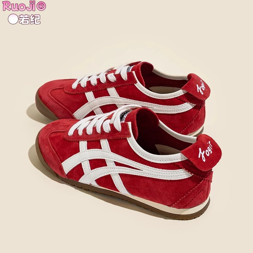 真皮版复古红色内增高德训鞋女2025新款春季平底运动阿甘休闲鞋