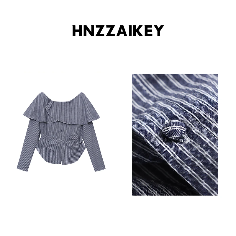 HNZZAIKEY 博主风荷叶边掐腰条纹显瘦收腰气质衬衫 U25S100228