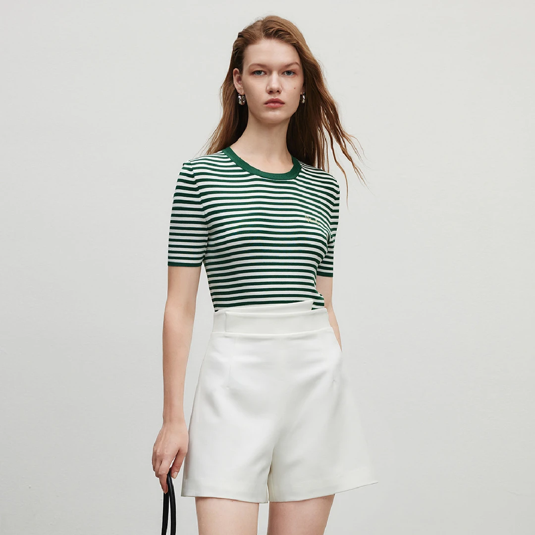 【曼德诗】复古短袖女夏季撞色条纹显瘦字母亮丝印花圆领T恤