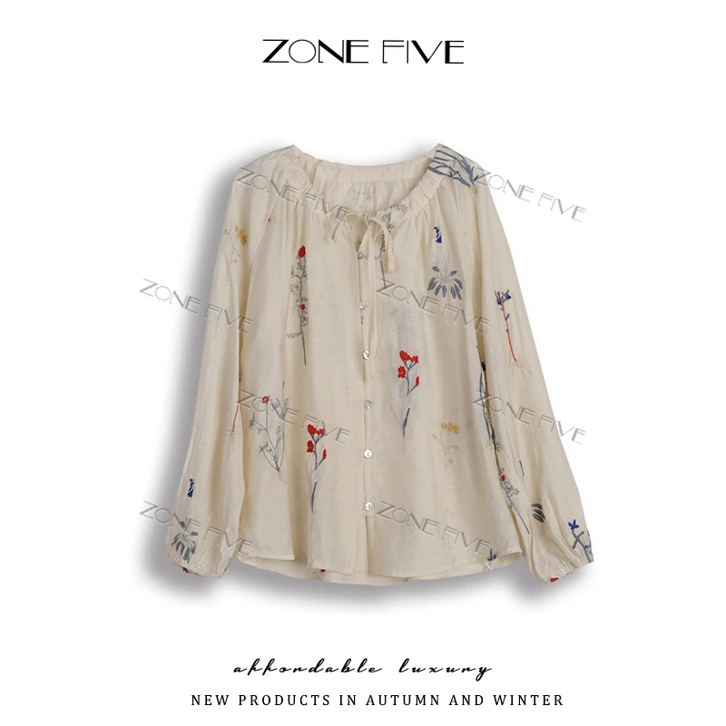 【zonefive】刺绣蕾丝雪纺衫长袖衬衫女春季宽松减小衫