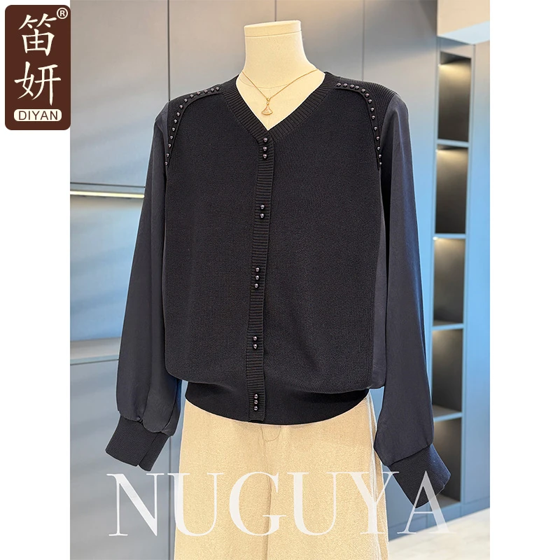 时尚洋气雪纺拼接针织衫女妈妈装秋装新款上衣气质百搭中老年打底