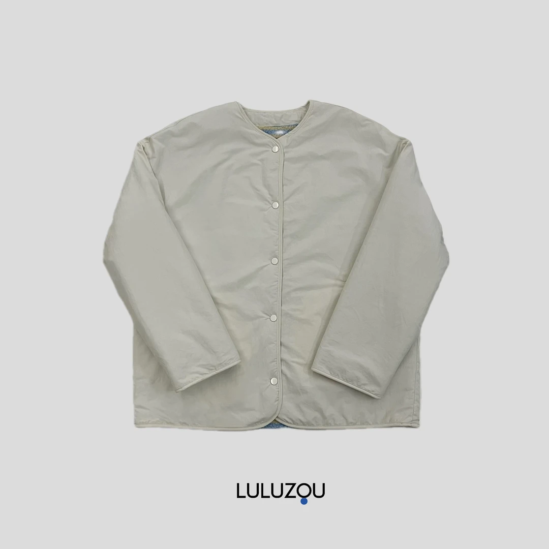 luluzou双面穿圆领条纹棉服外套仿羊羔绒拼接保暖日系棉服9093