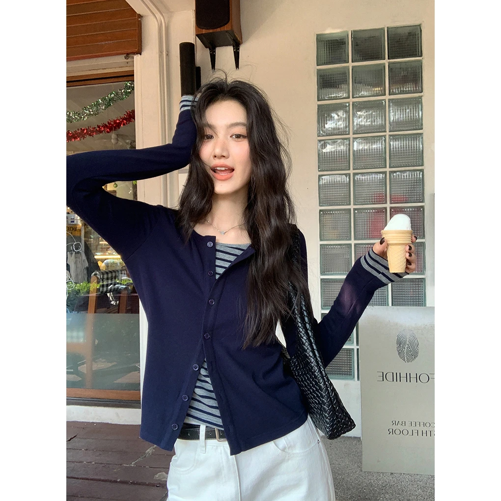 你好卡农 撞色条纹拼接假两件开衫女修身显瘦别致上衣KS25Z5462D