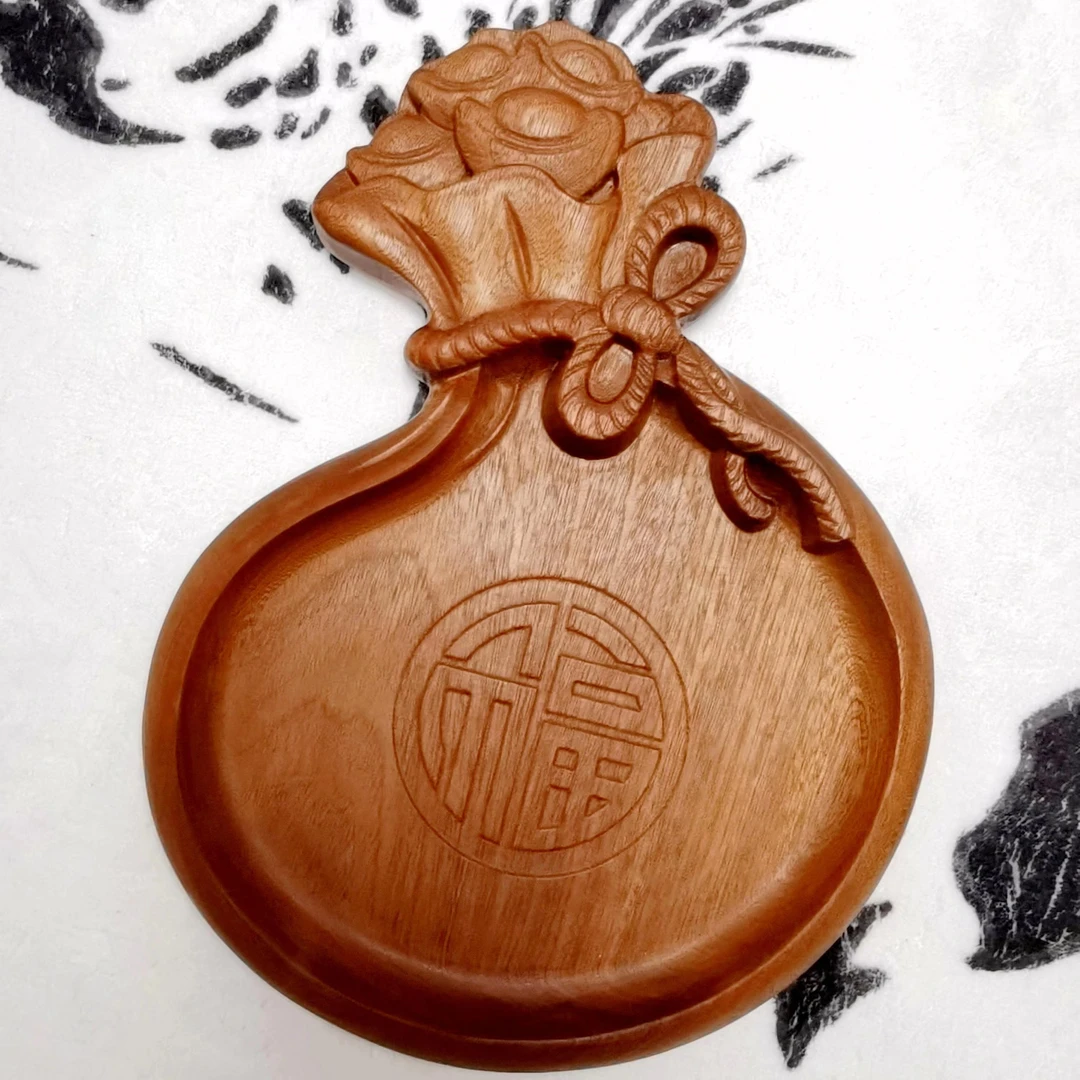 乌檀木果盘子实木干泡茶盘原木福袋形水果糕点盘干果零食盘小吃盘