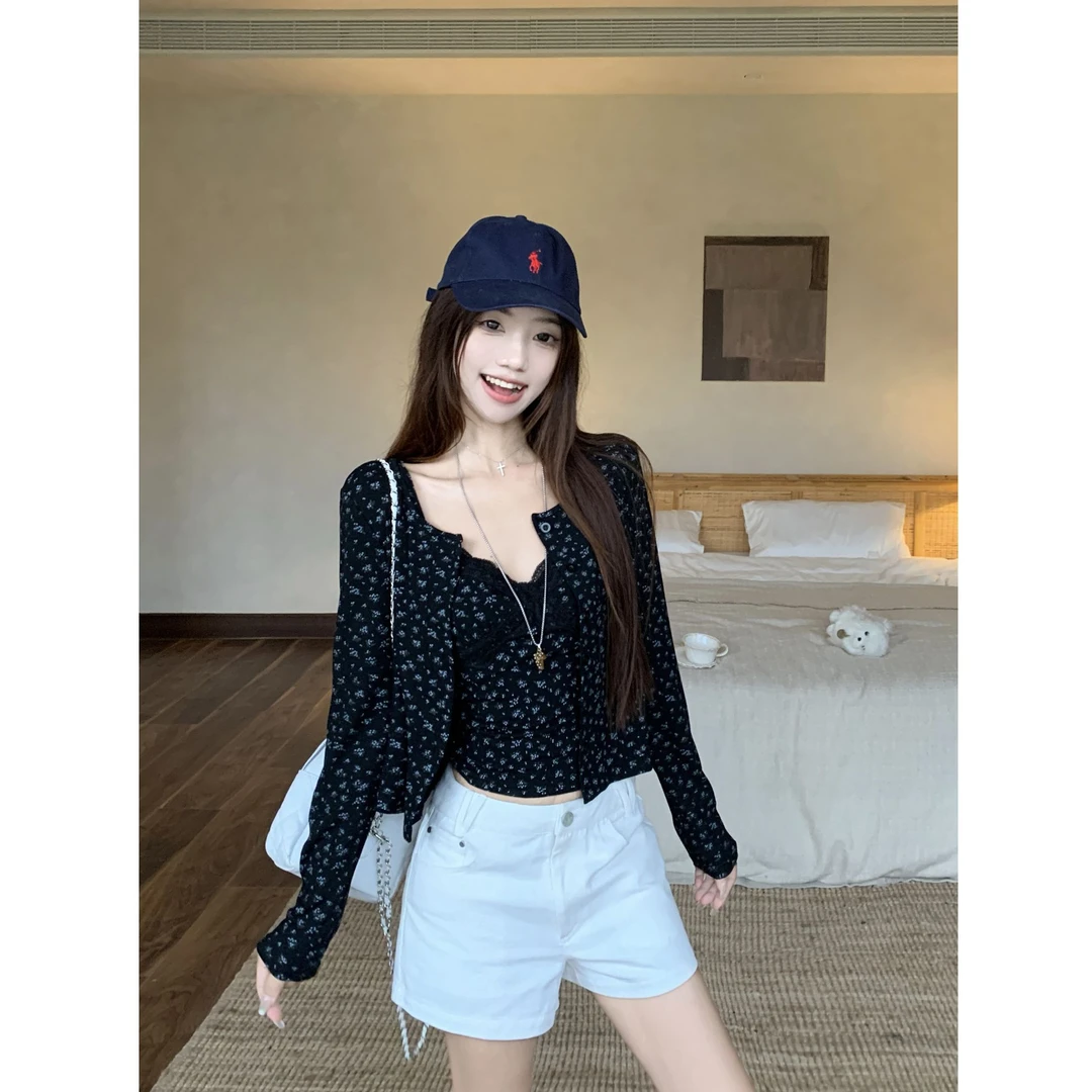 春夏小香风时尚韩版性感短款修身内搭镂空吊带设计感小众两件套装