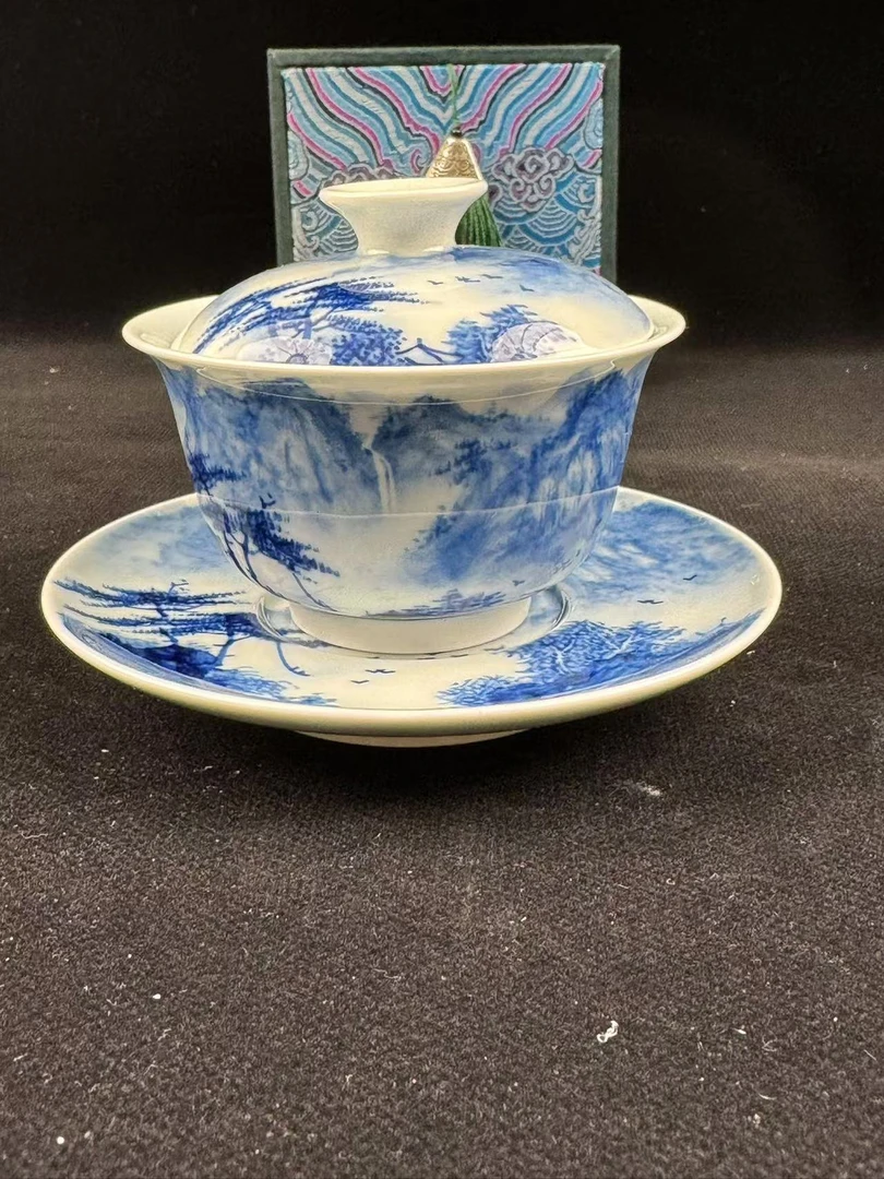 景德镇高温陶瓷茶具手工手绘釉下青花山水满绘三才盖碗