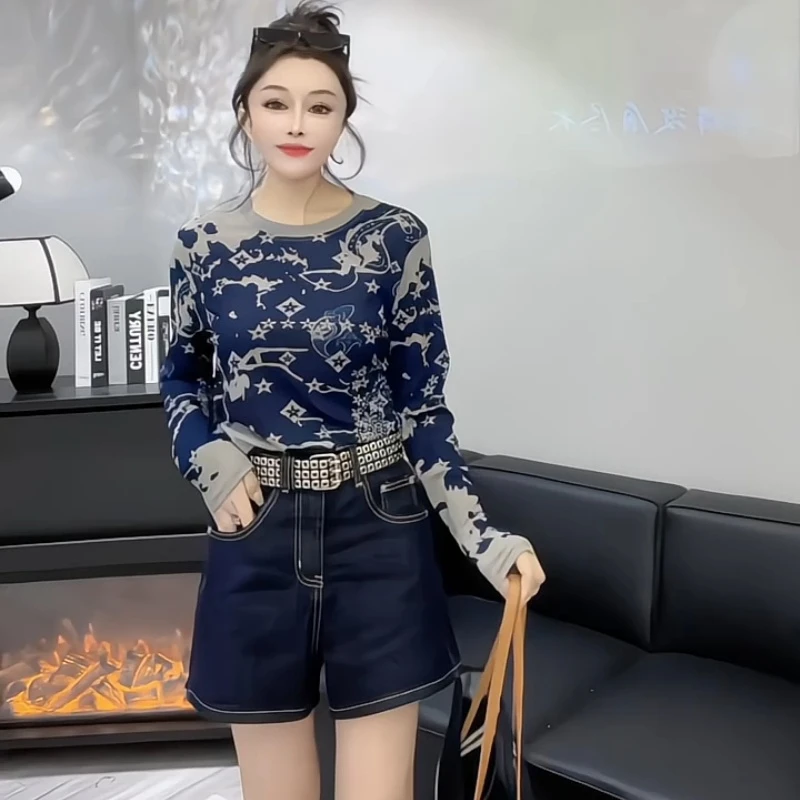 网红款2025夏新款时尚长袖T恤修身洋气显瘦印花百搭上衣打底小衫