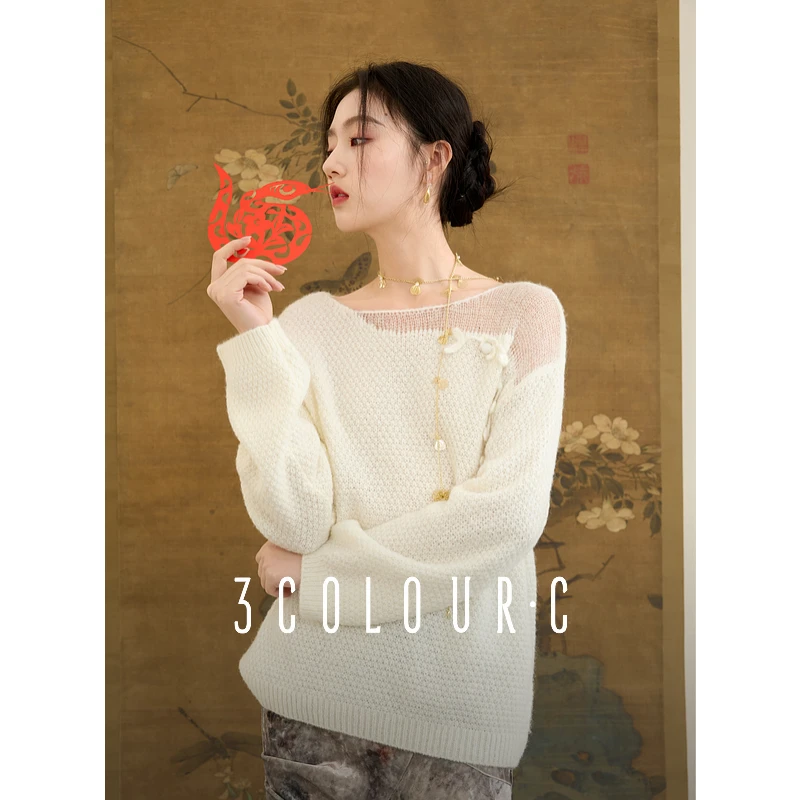 三彩【暗香疏影】2025春季新款新中式手工钩花针织衫圆领宽松女C