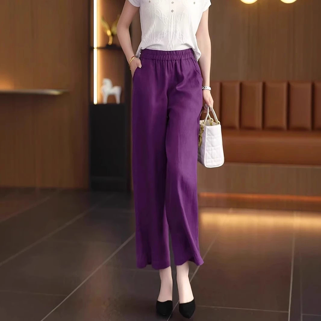 天丝亚麻紫色阔腿裤薄款2025新款小个子九分裤夏日轻薄高腰休闲裤
