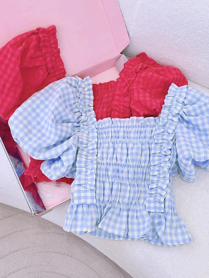 琳心丨夏季新款百搭休闲收腰格子泡泡袖方领衬衫 SX272