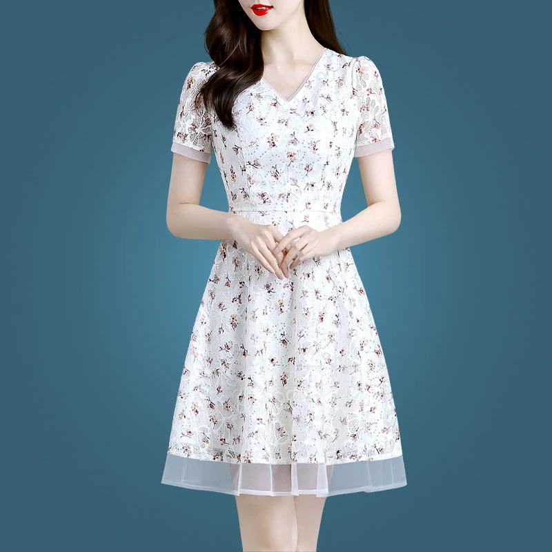 1963夏季女短袖雪纺连衣裙韩版2025新款修身遮肚子显瘦碎花裙子潮
