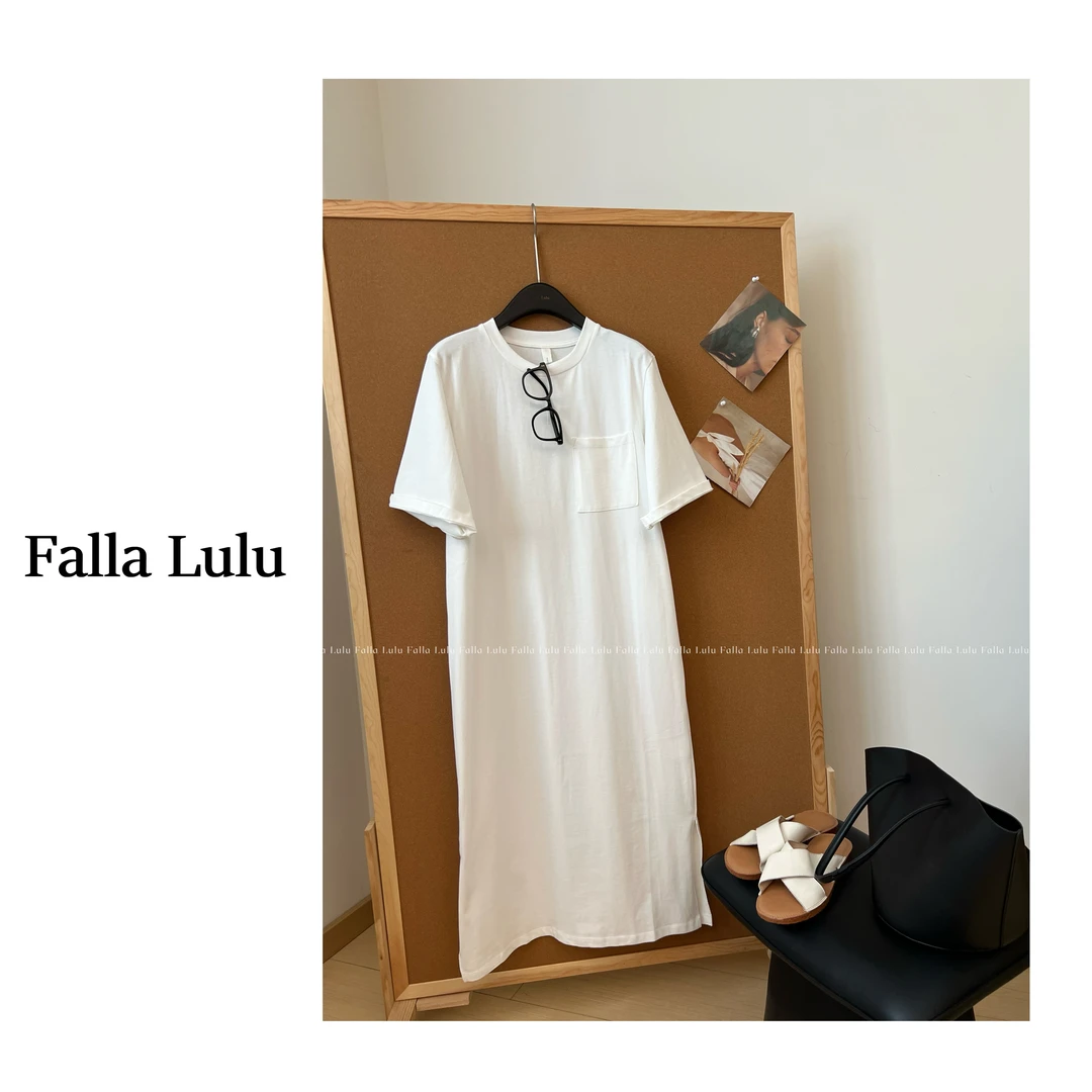 @英子家 春季气质显瘦圆领百搭短袖T恤连衣长裙 A5724