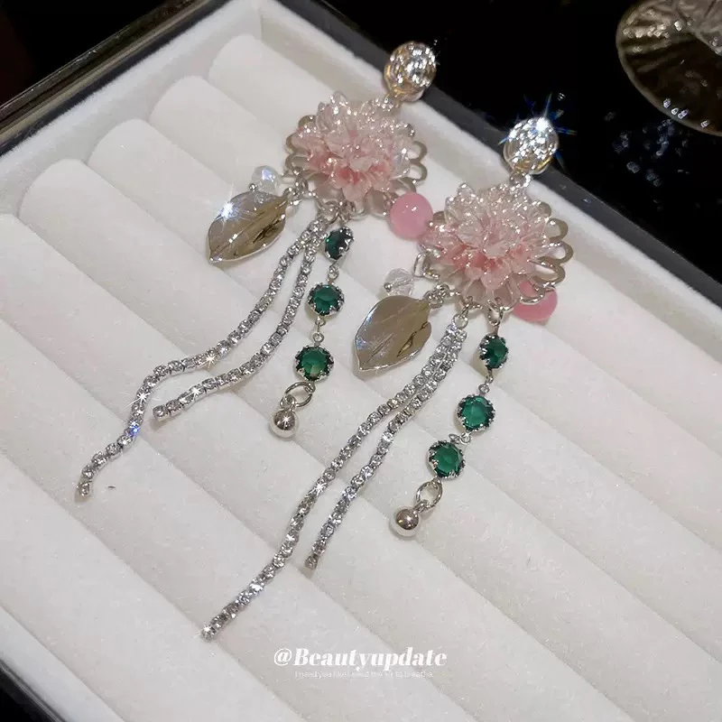 铜合金耳饰 轻奢复古民族风精致甜美小众水晶花朵几何流苏耳饰