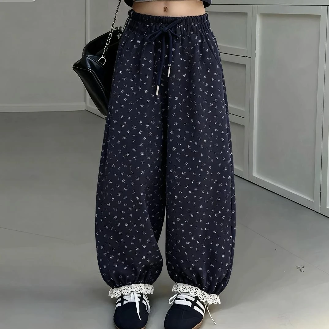 男女童秋冬季加绒加厚小碎花版松腰中大童休闲束脚高级感韩版长裤