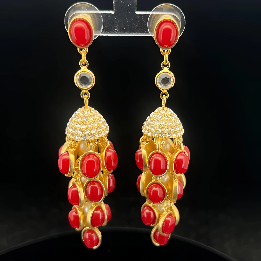 铜合金锆石耳饰 复古气质优雅百搭宫廷风中古红色耳饰耳环长款