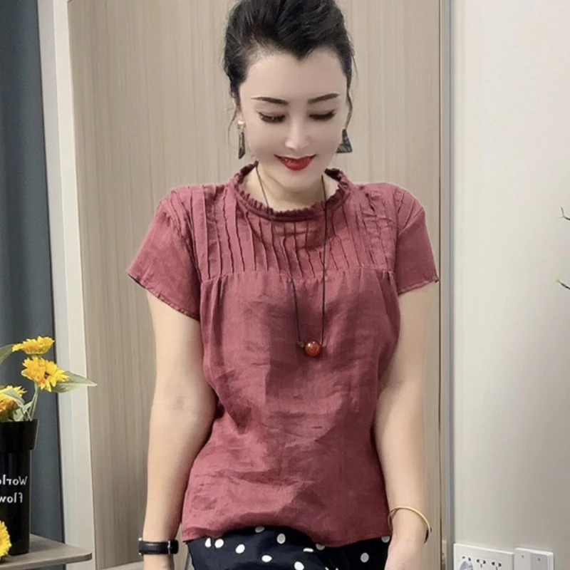 8825通勤短袖上衣小衫t恤夏季常规短款针织衬衫褶皱白色显瘦气质