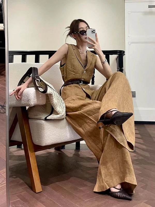 新款时尚亚麻套装女夏季气质高级感棉麻西装马甲上衣阔腿裤两件套