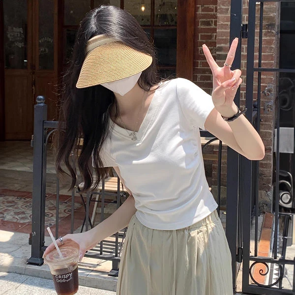 小个子正肩v领短袖女内搭2025夏季设计感白色修身褶皱收腰上衣T恤
