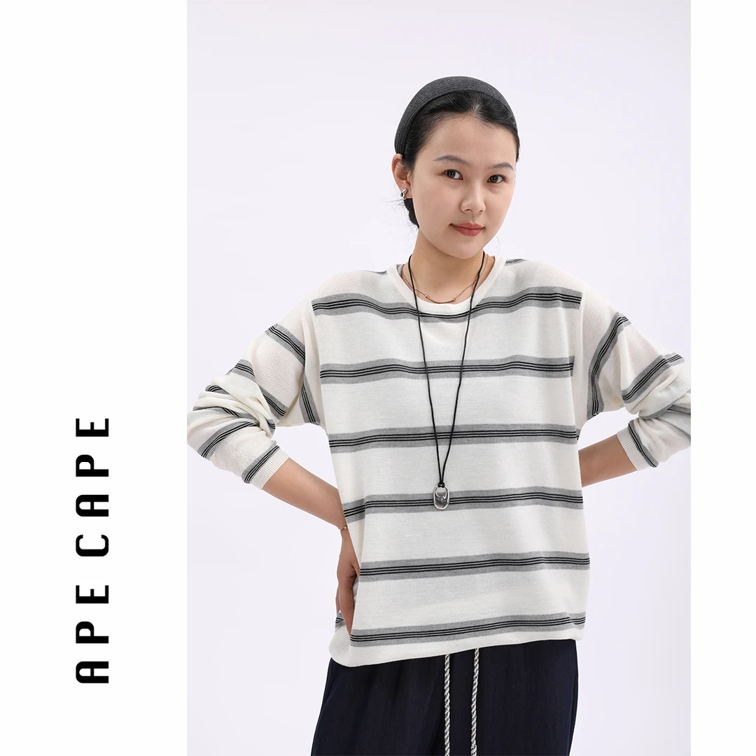 APECAPE【随感】宽松透气条纹针织衫女 长袖条纹针织防晒衫显气质
