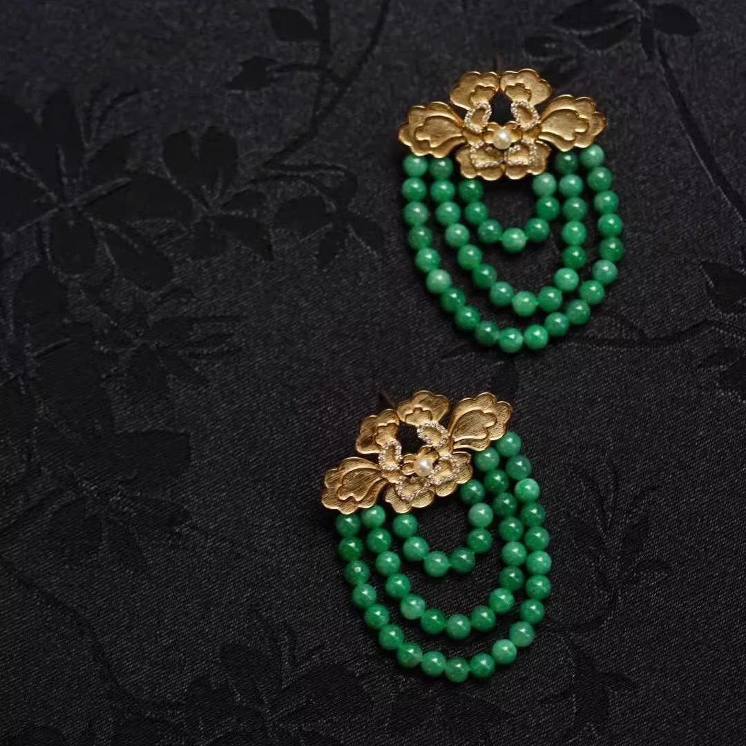 铜合金耳饰 如意牡丹花金色耳钉国潮轻奢祖母般绿色耳环时尚百搭