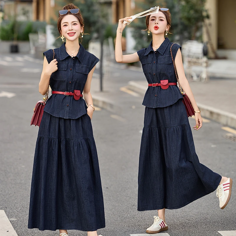 韩系气质无袖牛仔套装女2025夏季新款设计感洋气减龄半身裙两件套