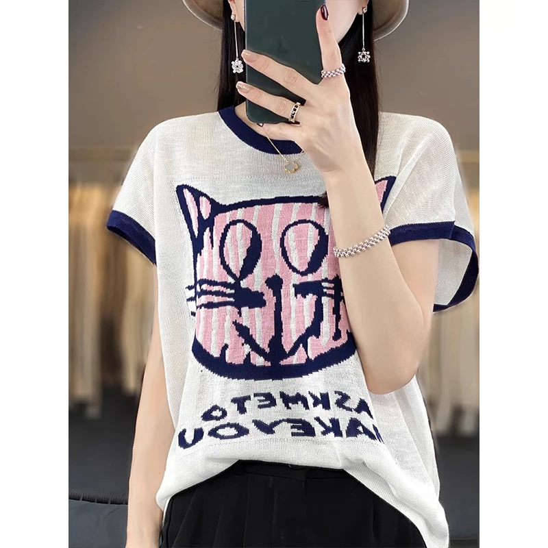2025年夏季新款韩版设计感提花小猫图案短袖T恤女慵懒风休闲上衣