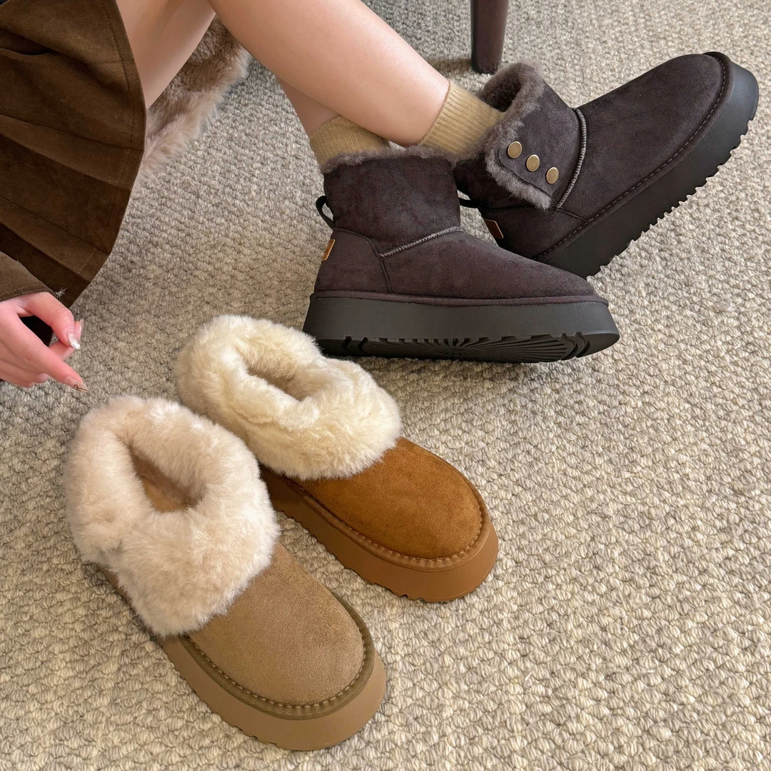 贾不假复古厚底雪地靴女款冬季2025新款加绒短筒毛毛棉靴防寒网红