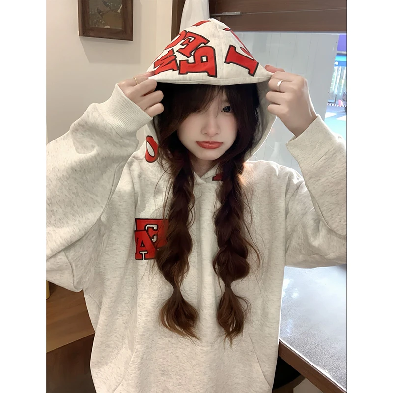 美式高街贴布刺绣字母印花宽松加绒长袖连帽卫衣女秋冬上衣#WY62