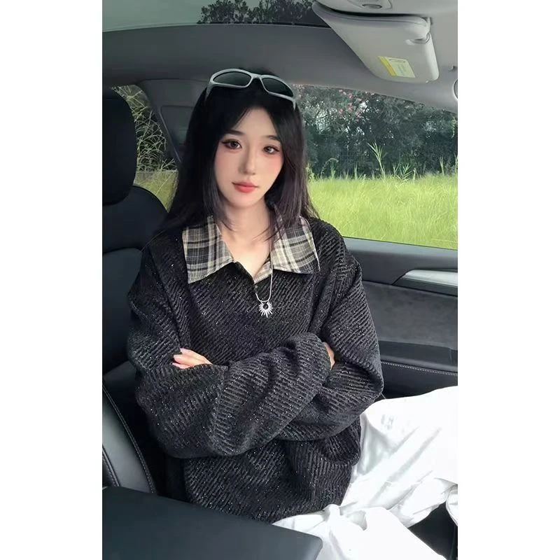 格子修身型常规款秋季Polo衫格纹拼接设计师复古小香风翻领卫衣潮