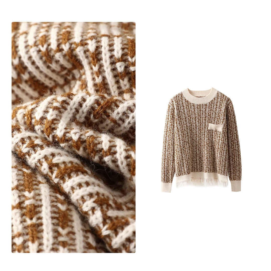 现货！门店17&9！慵懒舒适~圆领夹花毛纱撞色女式针织衫H00392