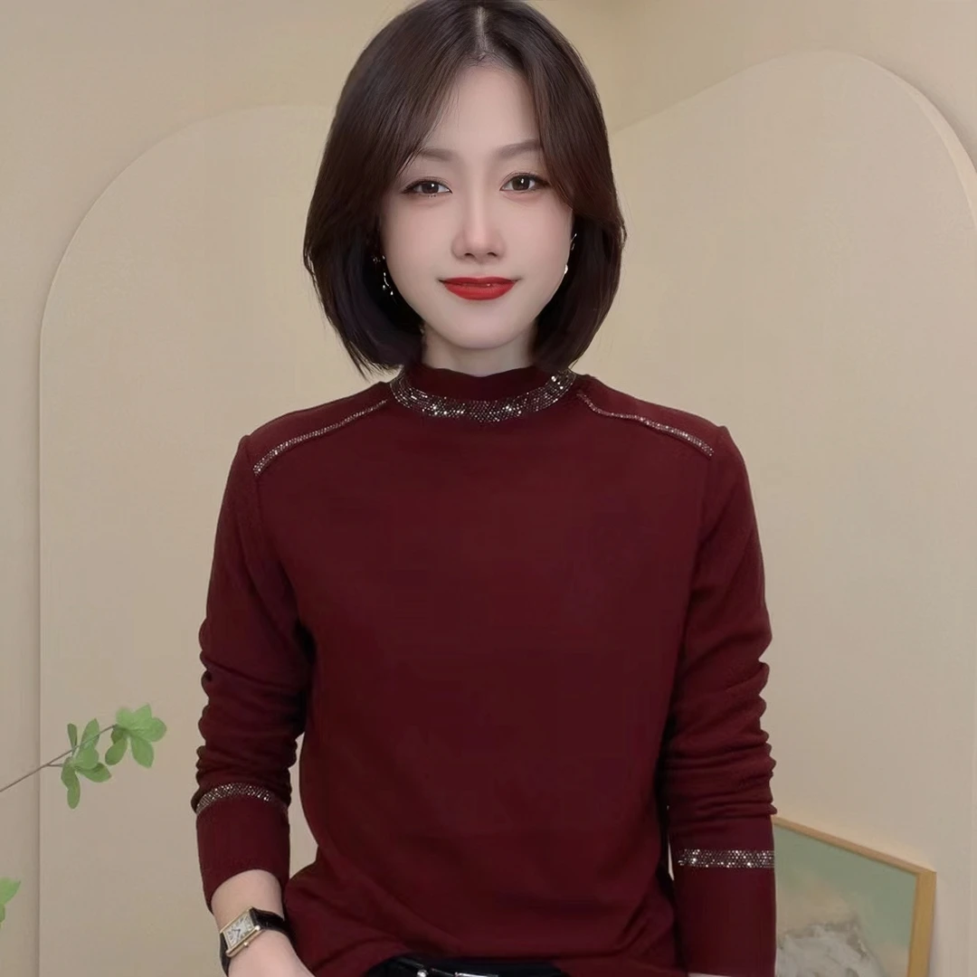 秋冬新款半高领纯色百搭烫钻长袖休闲T恤气质女修身小衫妈妈装