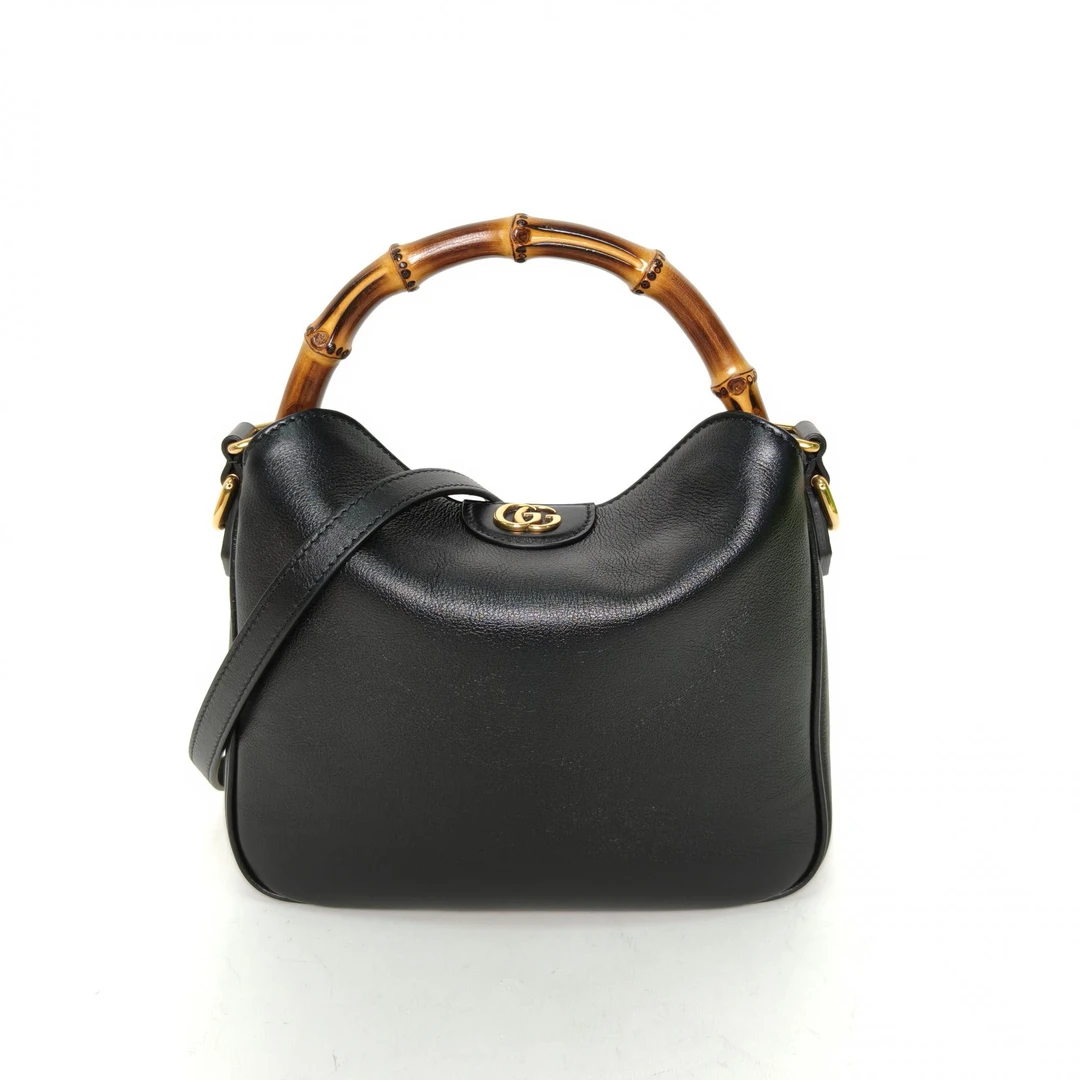 99新 GUCCI/古驰 【娇】黑色 皮革C 金扣 戴安娜 竹节手柄 416293