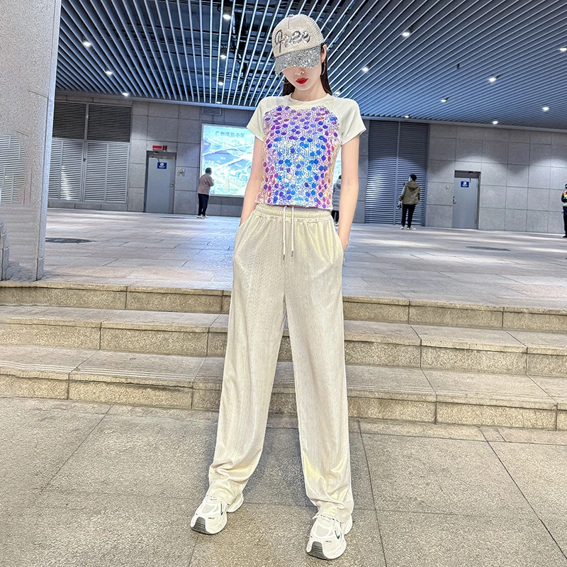 夏季新款广场舞表演服亮片短袖流光长裤套装爵士舞休闲运动两件套