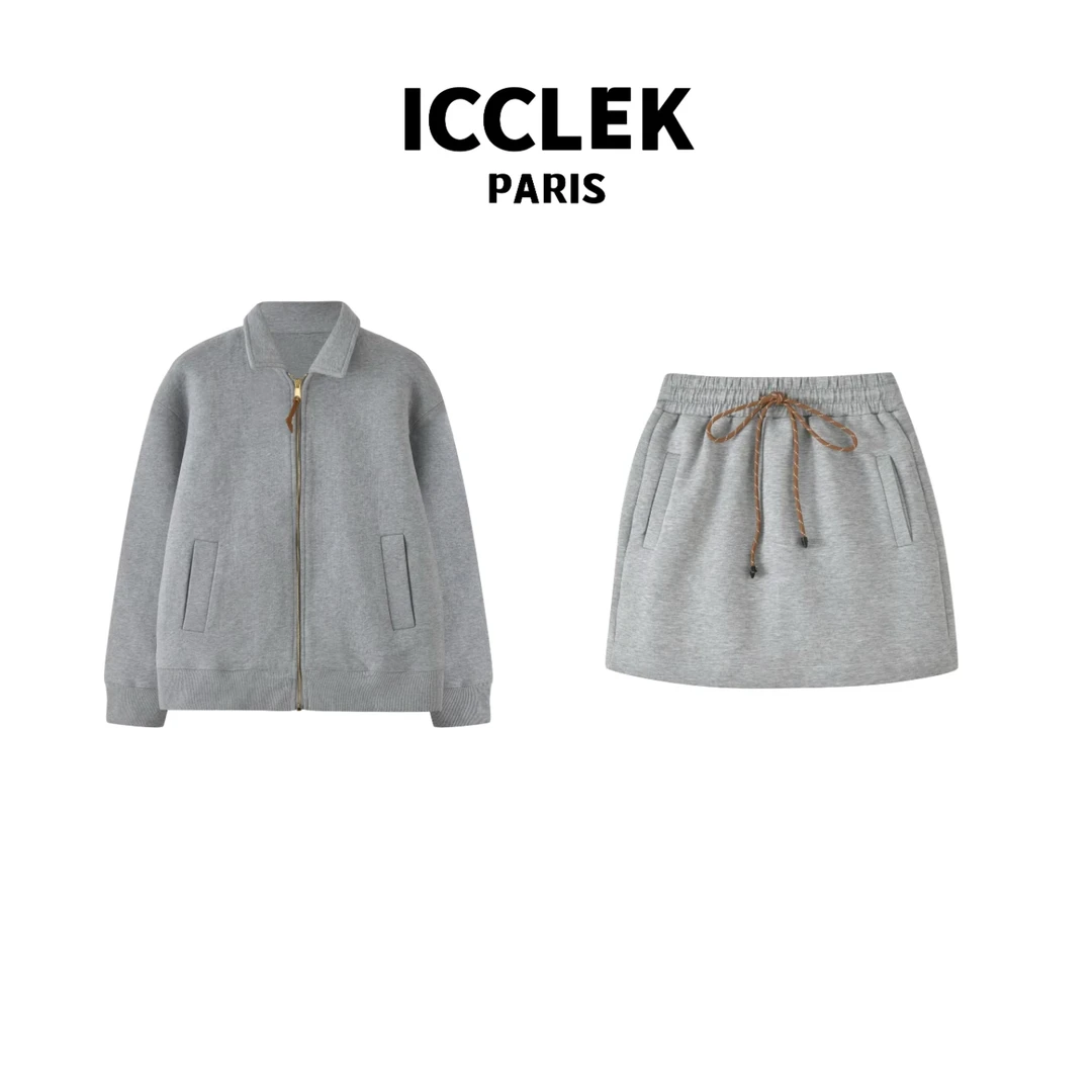 ICCLEK 休闲灰色字母皮革标刺绣卫衣套装-3050