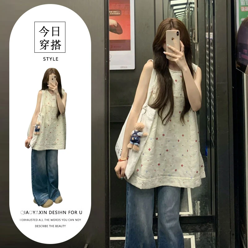 日系多巴胺甜美波点白色无袖衬衫女夏季高腰显瘦阔腿裤两件套