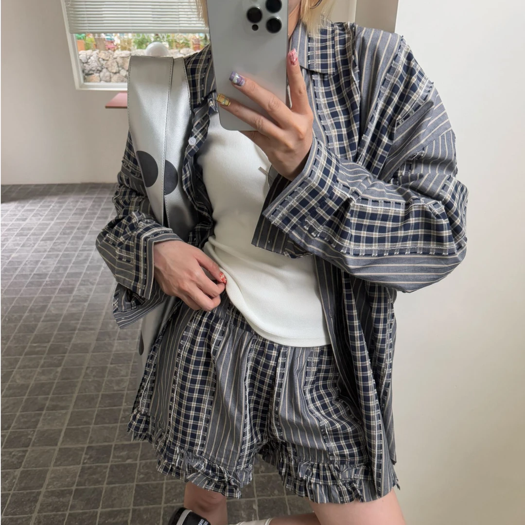 HELLOTANGO《捕捉时光》夏季韩系拼接撞色复古格纹休闲短裤25541