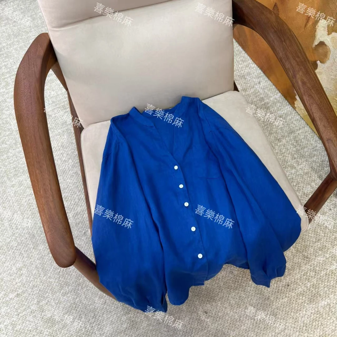 喜樂  2025亚麻V领纯色单排扣衬衫夏季新款时尚简约文艺女士上衣