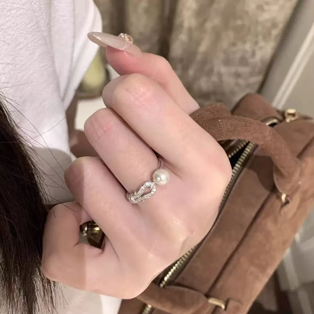 YOYR 925银仿珍珠戒指 马蹄扣戒指手工气质轻奢时尚百搭小众