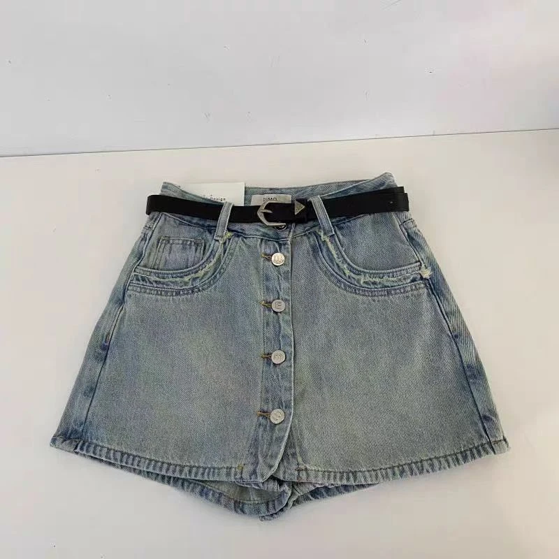 16118#夏季韩版时尚个性排扣设计百搭显瘦显高牛仔短裤裙裤