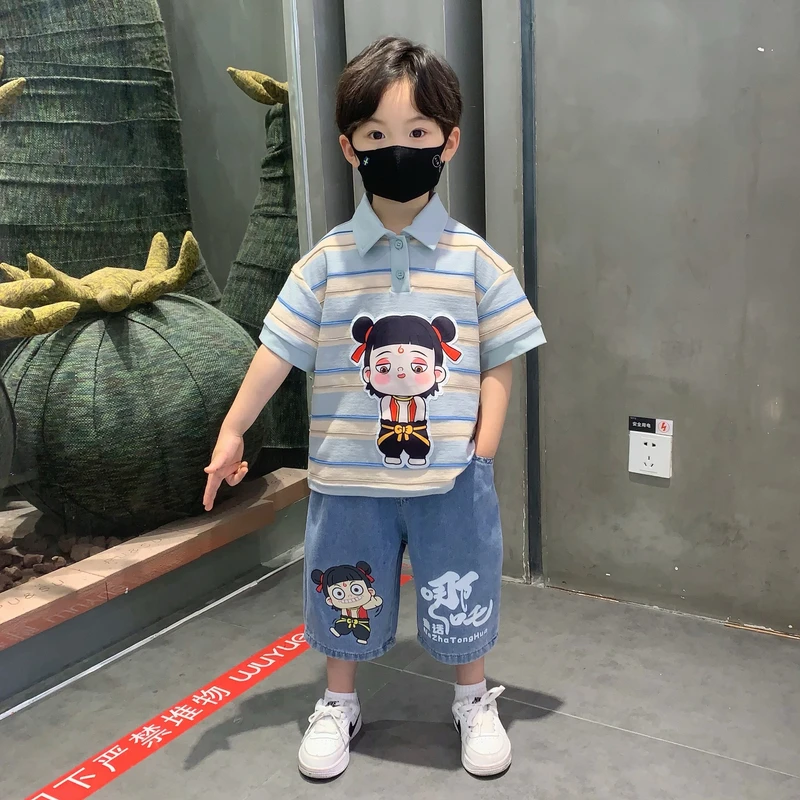 哪吒儿童服装2025新款男童夏套装潮酷宝宝短袖POLO衫男孩薄款衣服
