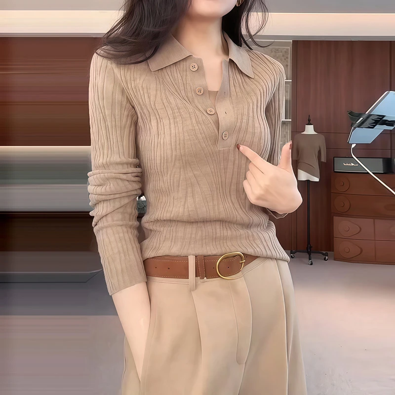 SJ-KS小众时尚休闲百搭修身显瘦毛针织衫POLO领设计长袖上衣