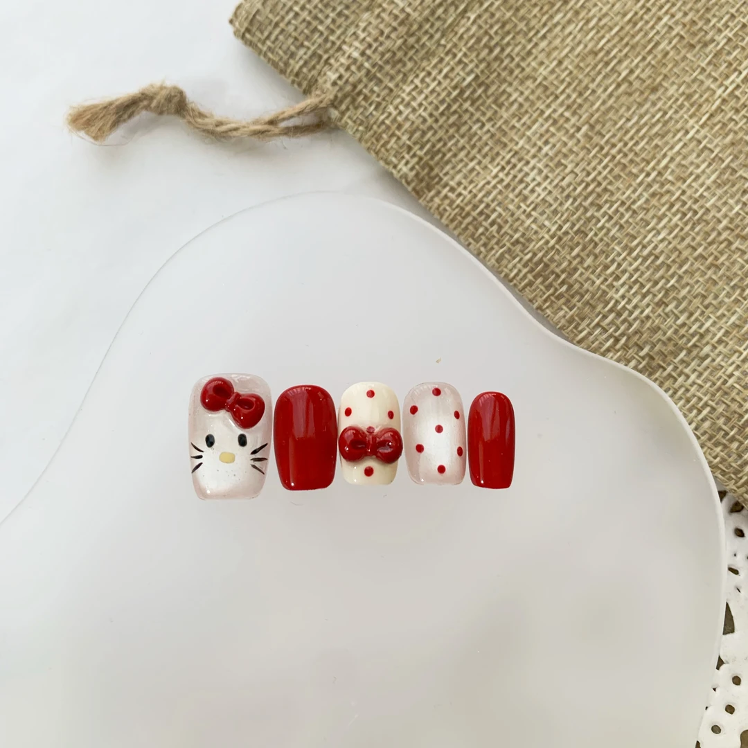 手工穿戴甲蝴蝶结猫眼红色波点贴片显白可爱美甲