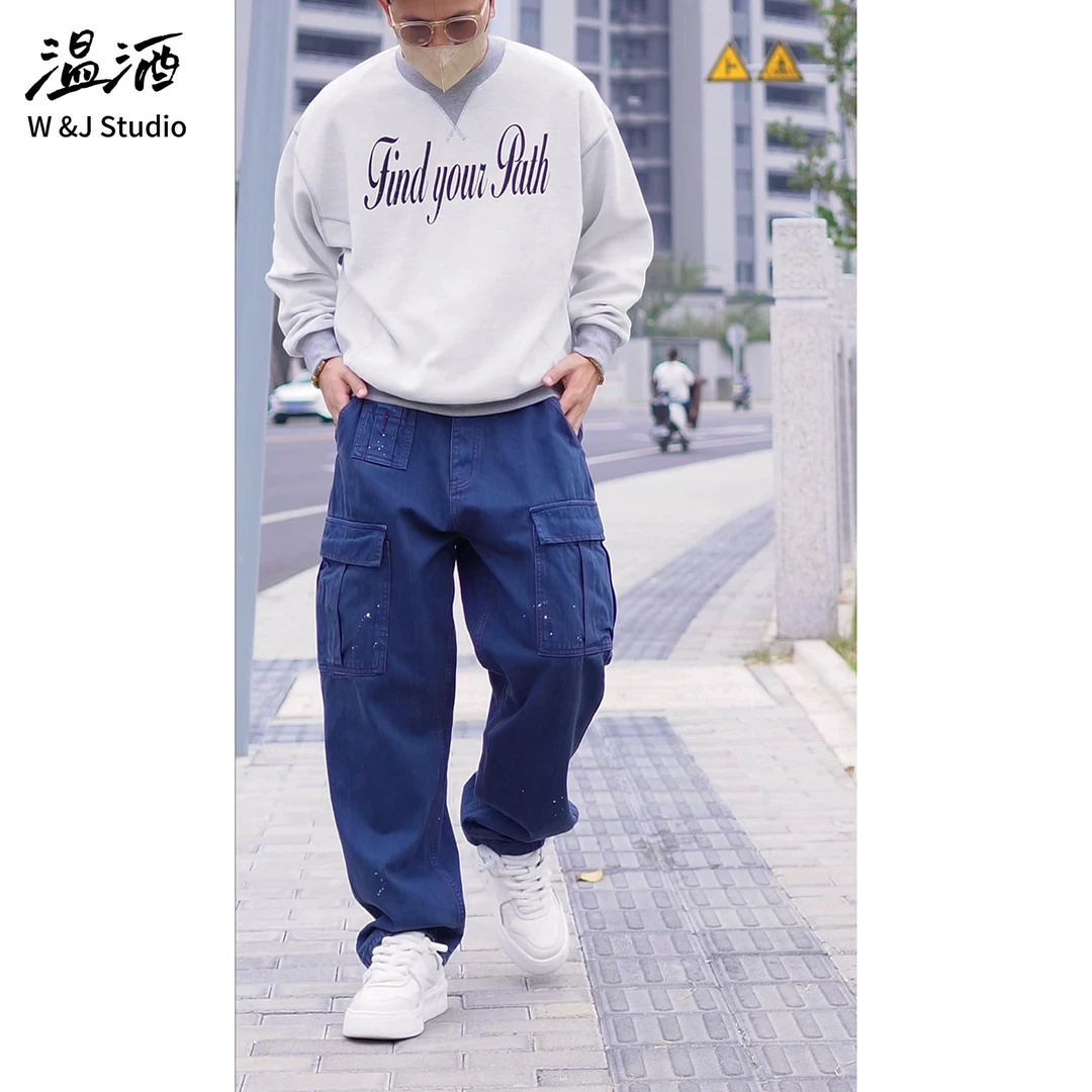 【竹节纹点漆】纯棉口袋工装裤 秋冬加厚微锥版宽松休闲裤