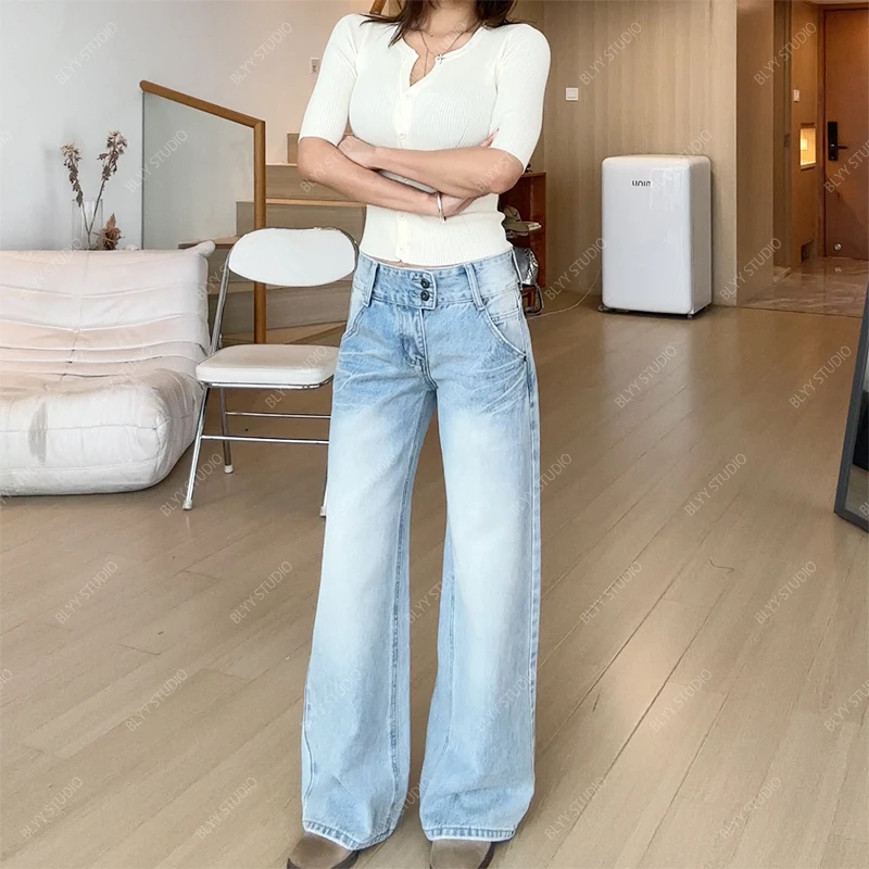 【部分现】2025简约百搭休闲低腰微喇水洗直筒阔腿牛仔裤Q254053