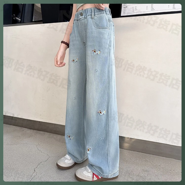 卡通小狗刺绣牛仔裤2025新款女童春秋季软萌学院风幼儿园穿搭