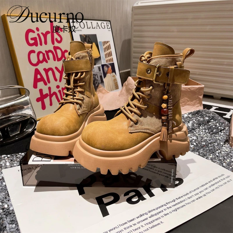 马丁靴大头金属扣流苏工装靴大黄靴机车靴短靴厚底松糕小个子女鞋