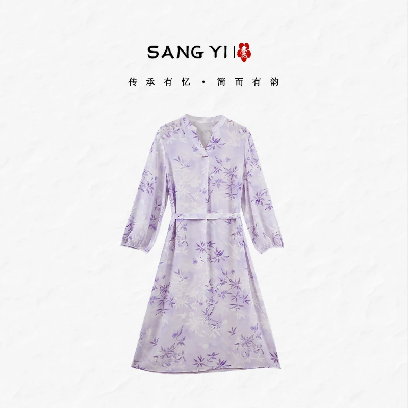 桑蚕丝连衣裙V领套头宽松腰系带显瘦时尚印花LW 8252504 丁香紫