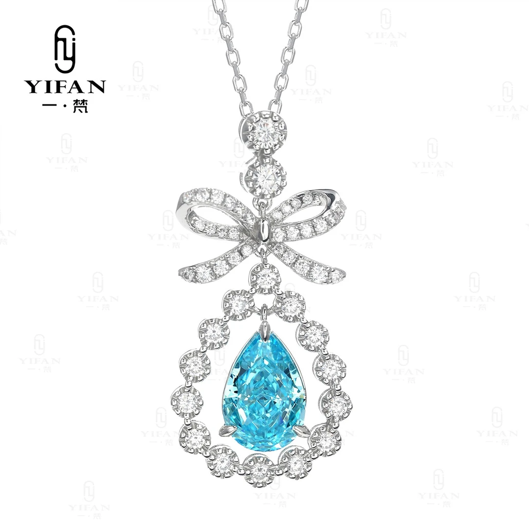 坠链均925银合成锆石 2168-【圣玛丽亚繁星】蓝水滴蝴蝶结灵动项链