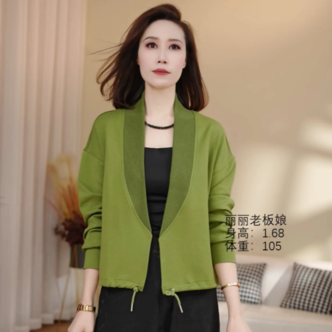 #348【涵宇】2025秋冬新款女薄款宽松V领螺纹下摆时尚短外套纯色