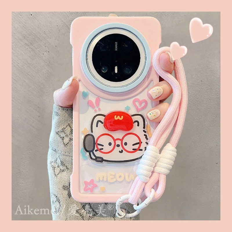 适用华为mate70pro+手机壳无边框立体mate60pro+蛋糕小鱼帽子小猫
